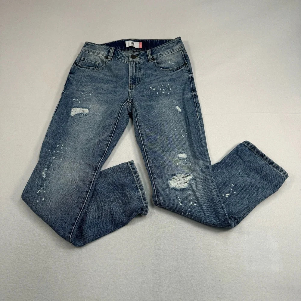 Cabi 100% Bf Straight Leg Jeans Womens Sz 2 Medium Blue Mid Rise Paint Splatter